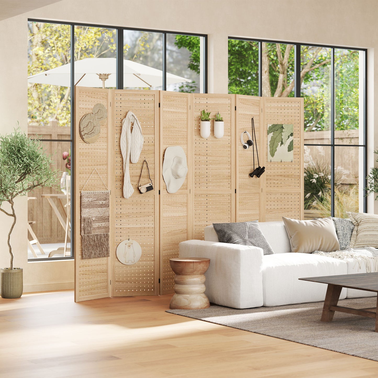 5.6 Ft. Tall 6-Panel Room Divider, Pegboard Panel Freestanding Folding Privacy Screen Panels, Partition Wall Divider for Indoor Bedroom Office, Natural