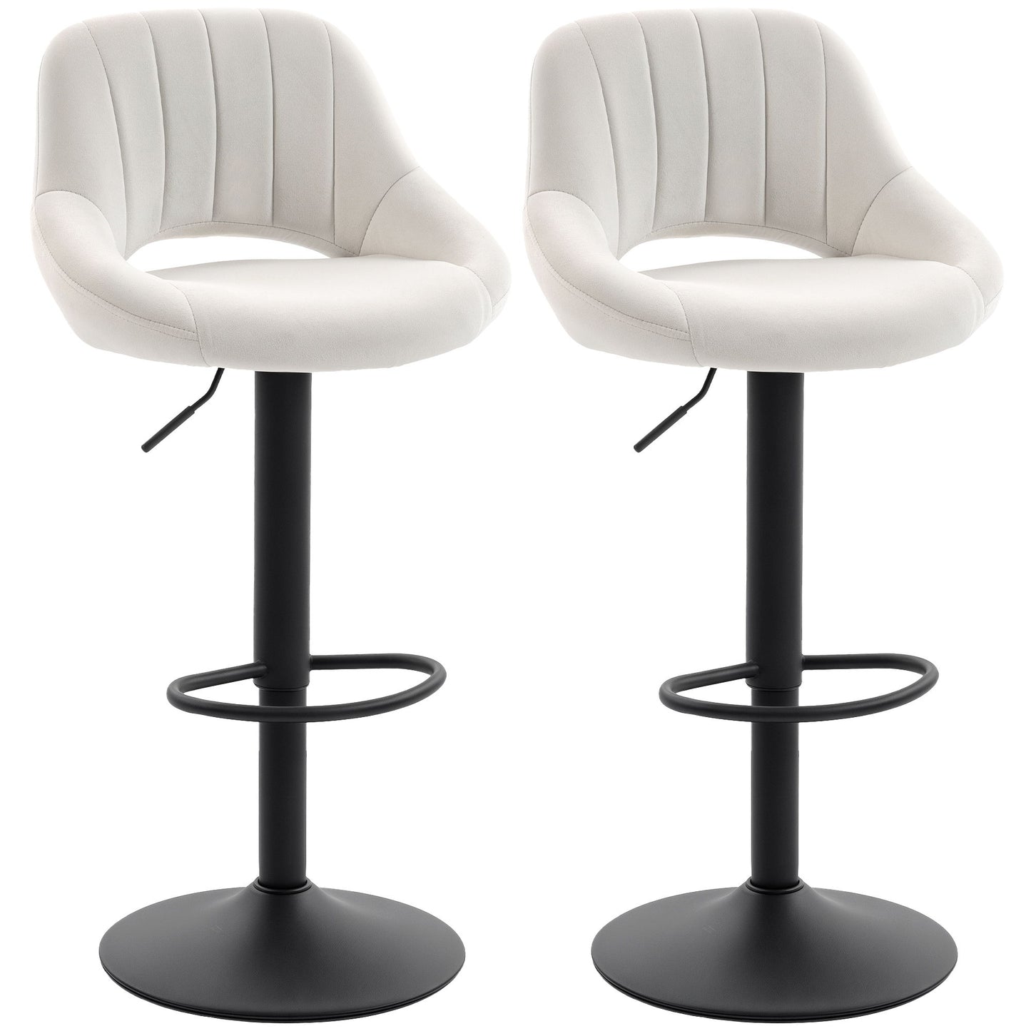 Bar Stools Set of 2, Swivel Counter Height Barstools with Adjustable Height and Cutout Back, Velvet Upholstered Bar Chairs with Round Metal Base and Footrest, Cream