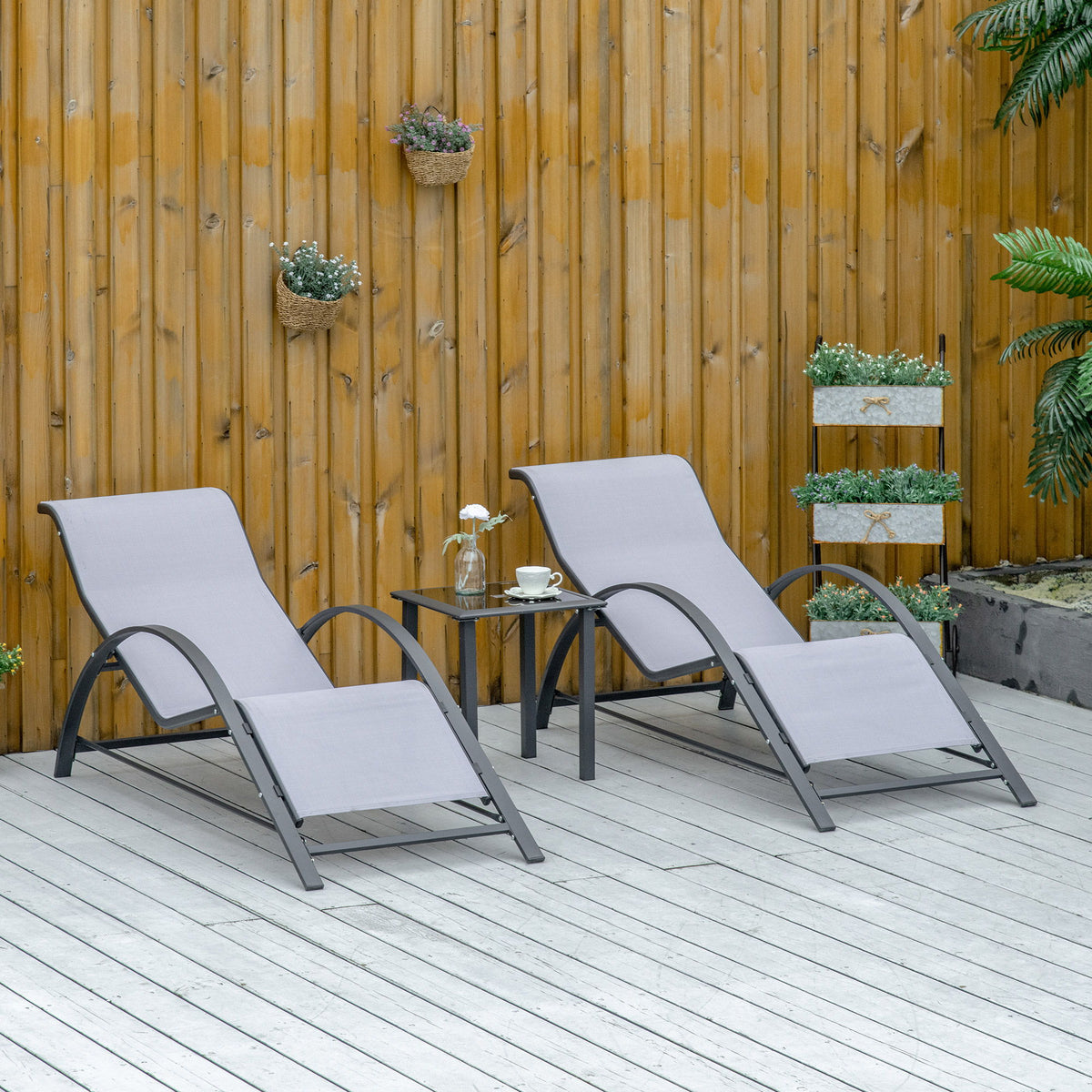 3 Pieces Outdoor Lounge Chair Set, 2 S-Shaped Lawn Chairs and a Glass Table for Patio, Yard, Light Grey
