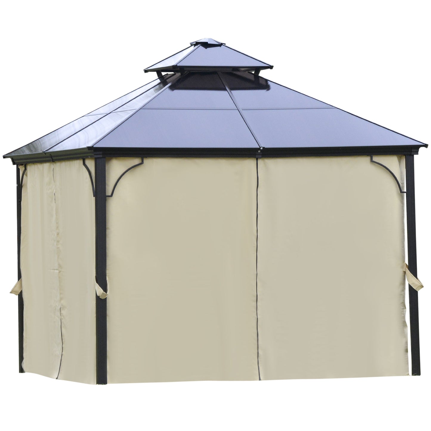 10' x 10' 2-Tier Outdoor Gazebo Canopy with Polycarbonate Roof, Curtains and Netting, for Garden, Deck, Beige