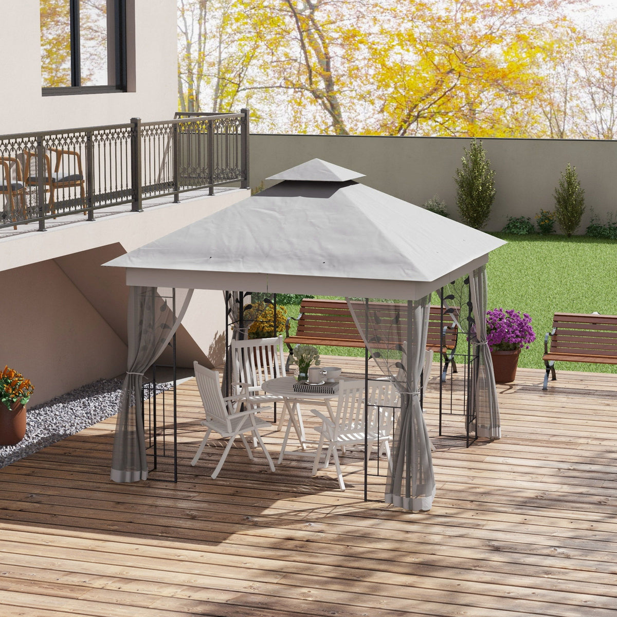 10'x10' Soft-top Steel Patio Gazebo Outdoor Sun Shelter with 2-Tier Polyester Roof, Curtain Sidewalls, Light Grey