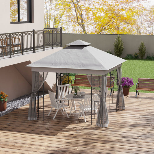 10'x10' Soft-top Steel Patio Gazebo Outdoor Sun Shelter with 2-Tier Polyester Roof, Curtain Sidewalls, Light Grey
