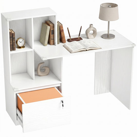 Computer Desk with Bookshelf and File Drawer - White Wood Grain