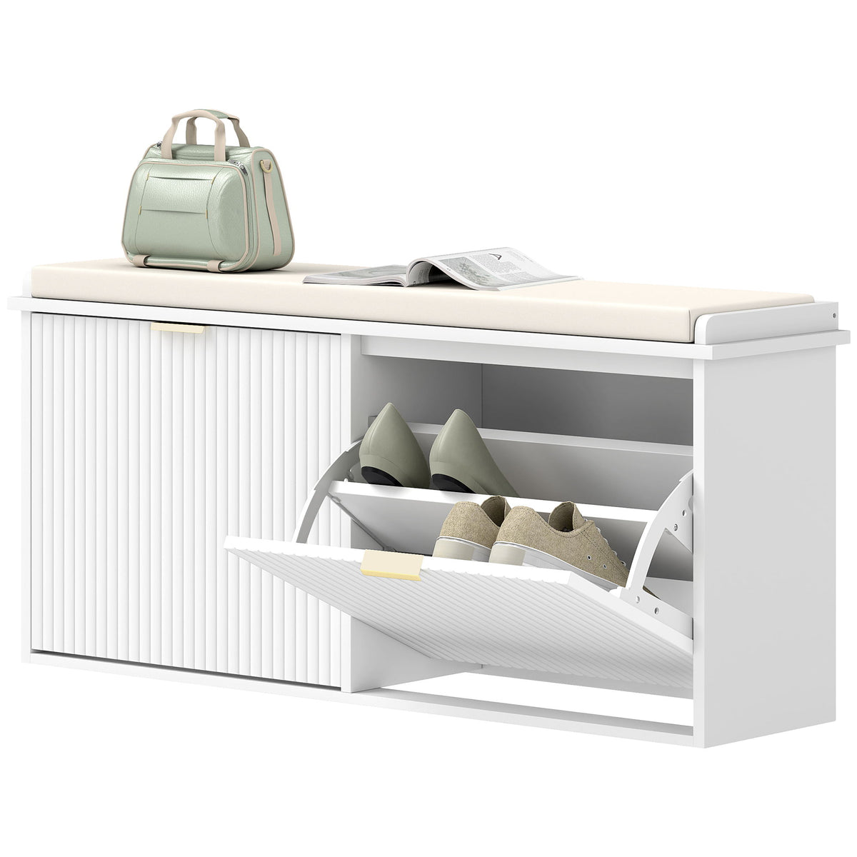 Entryway Bench with Padded Seat and Flip-Drawers, Holds up to 529lbs, Shoe Storage Bench for 10 Pairs of Shoes, White