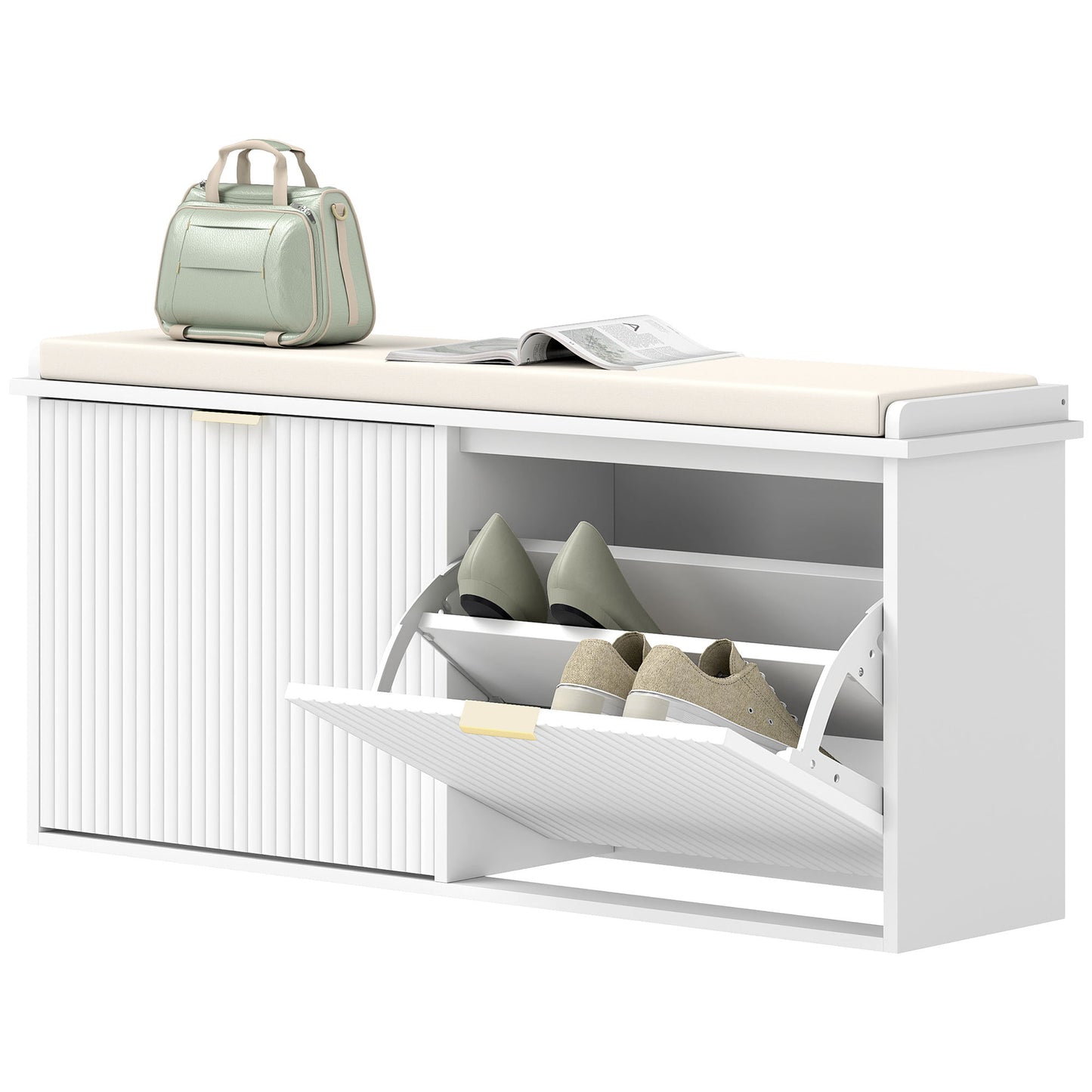 Entryway Bench with Padded Seat and Flip-Drawers, Holds up to 529lbs, Shoe Storage Bench for 10 Pairs of Shoes, White