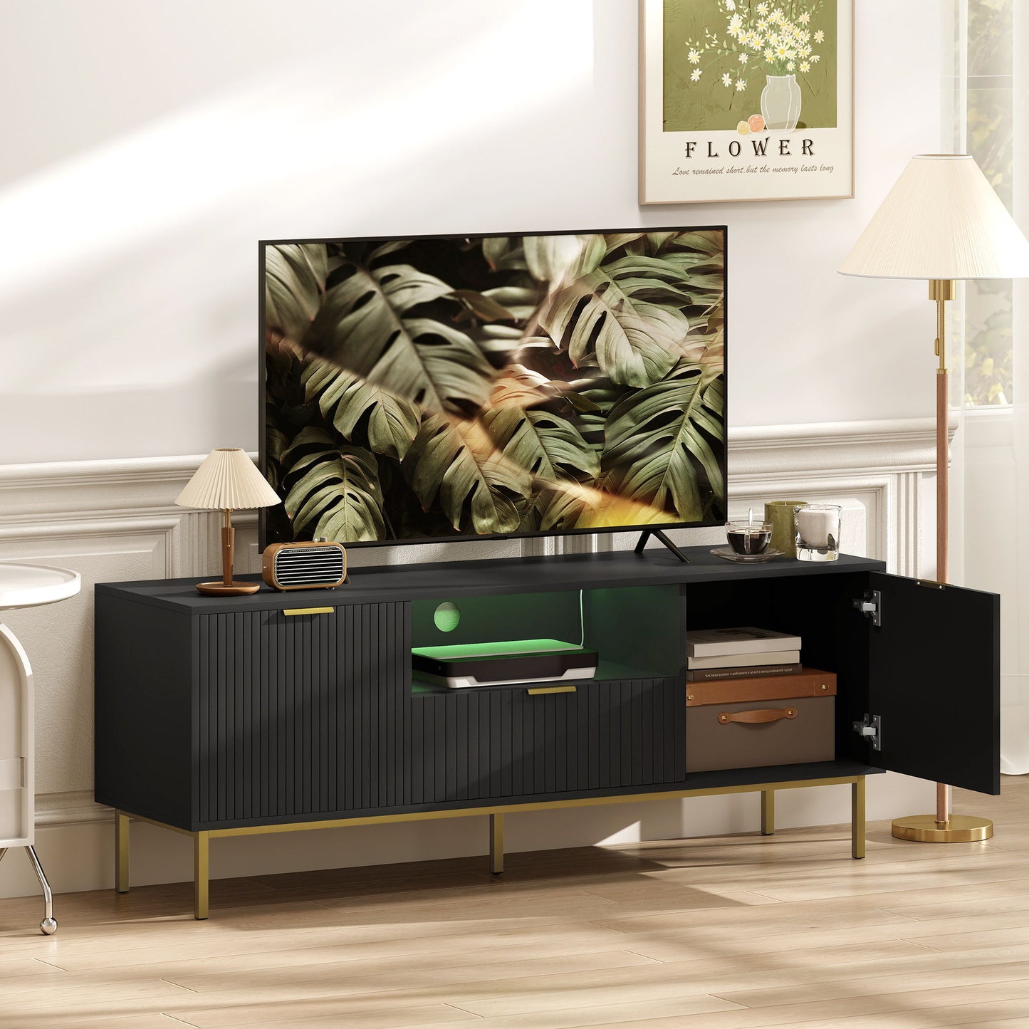 Modern TV Console for TVs up to 60 Inch, Entertainment Center with Smart RGB LED Lights and Soft Close Doors, Black