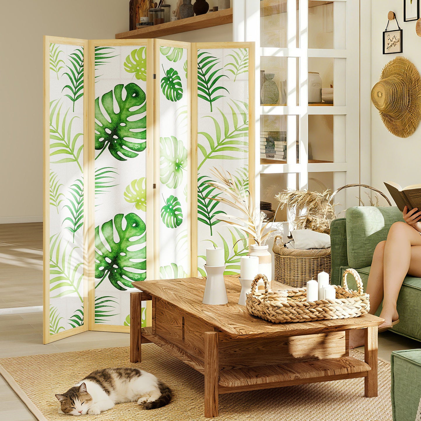 4 Panel Folding Privacy Screen, 67" Room Divider with Palm Leaf Design for Living Room Bedroom, Natural and Green