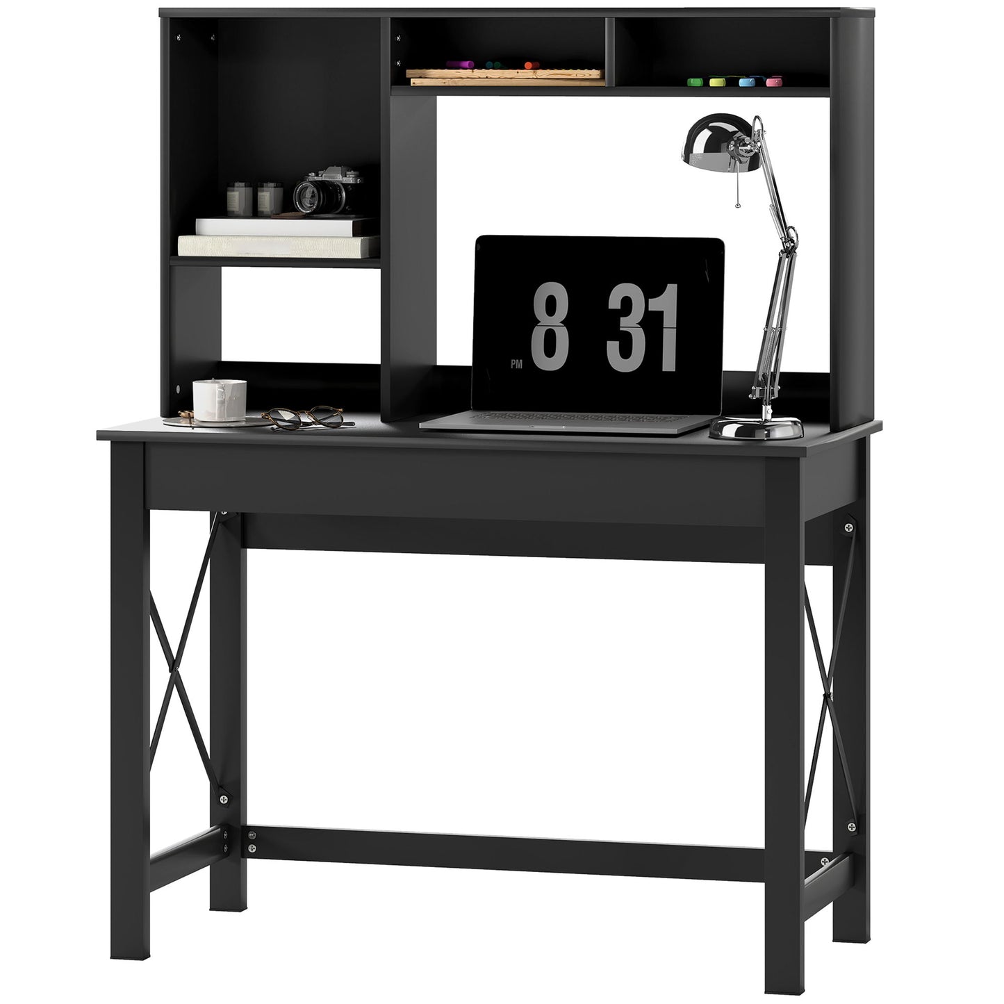 Computer Desk with Hutch, Home Office Table with Storage Shelves and Open Compartments for Writing, Work, Black