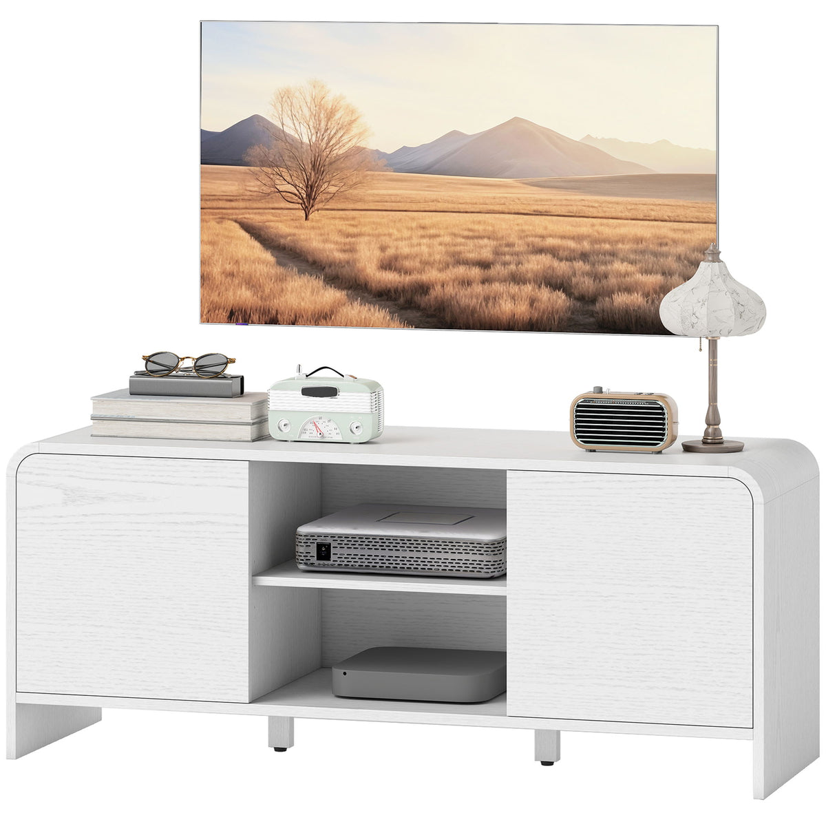 TV Stand for up to 55 Inch TV, Nordic Entertainment Center with 2 Cabinets and 2 Open Shelves for Living Room, White