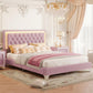Queen Size Upholstered Bed Frame with LED Lights, Modern Velvet Platform Bed with Tufted Headboard, 84" L x 64" W x 44.5" H, Pink