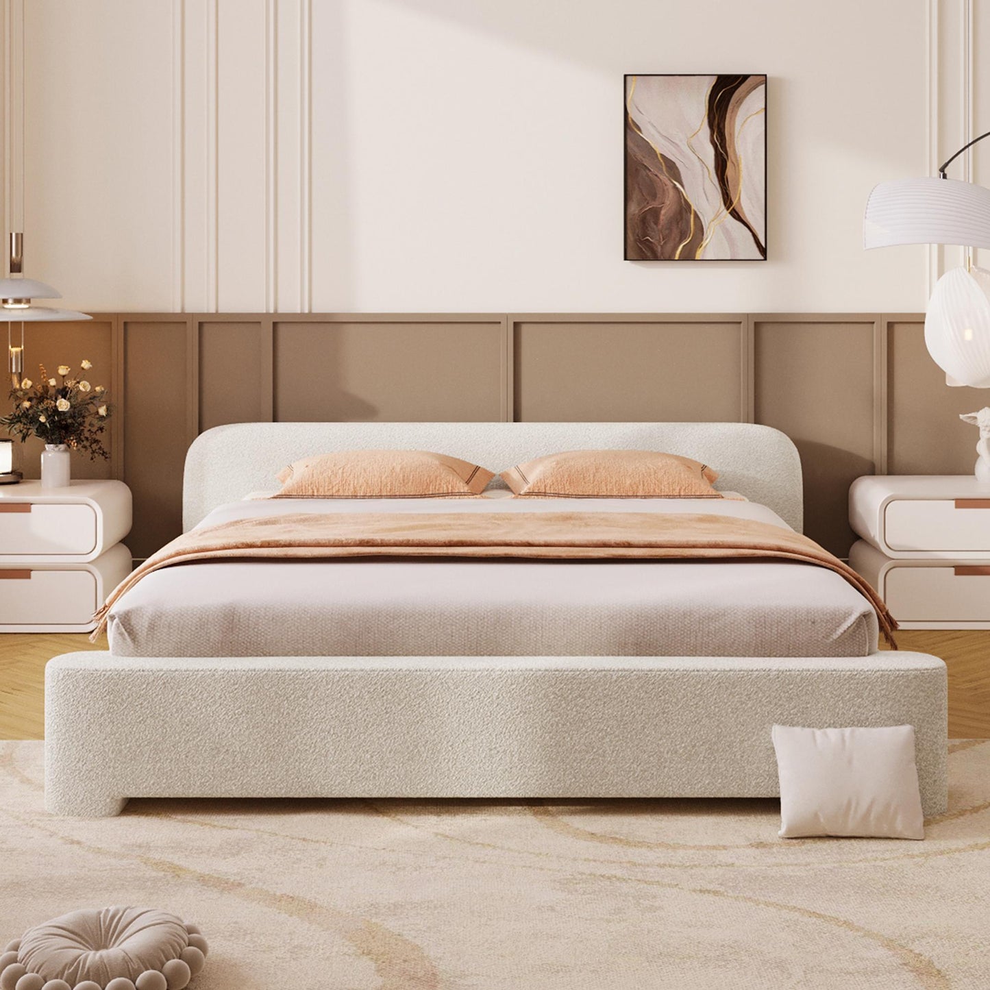 Queen Bouclé Upholstered Bed with 10 Slats, 3 Central Support Legs, Birch Wood Frame for Modern Condos, 87'' L x 71.5'' W x 24'' H, White