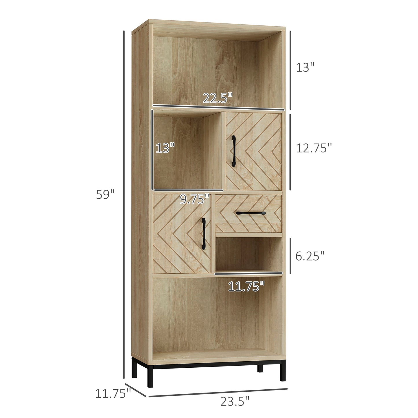 59" Bookcase, Storage Bookshelf with Cabinets, Drawer and Open Compartments, Freestanding Display Shelves for Home Office, Living Room, Study, Nature Wood