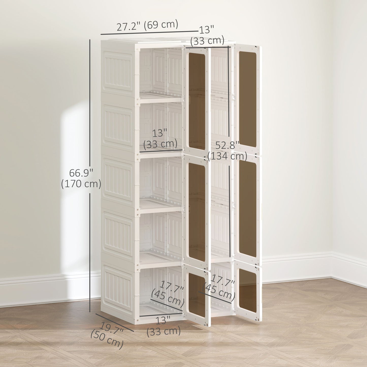 Portable Wardrobe, Foldable Plastic Closet with 6 Compartments, Hanging Rod and Magnetic Doors, White