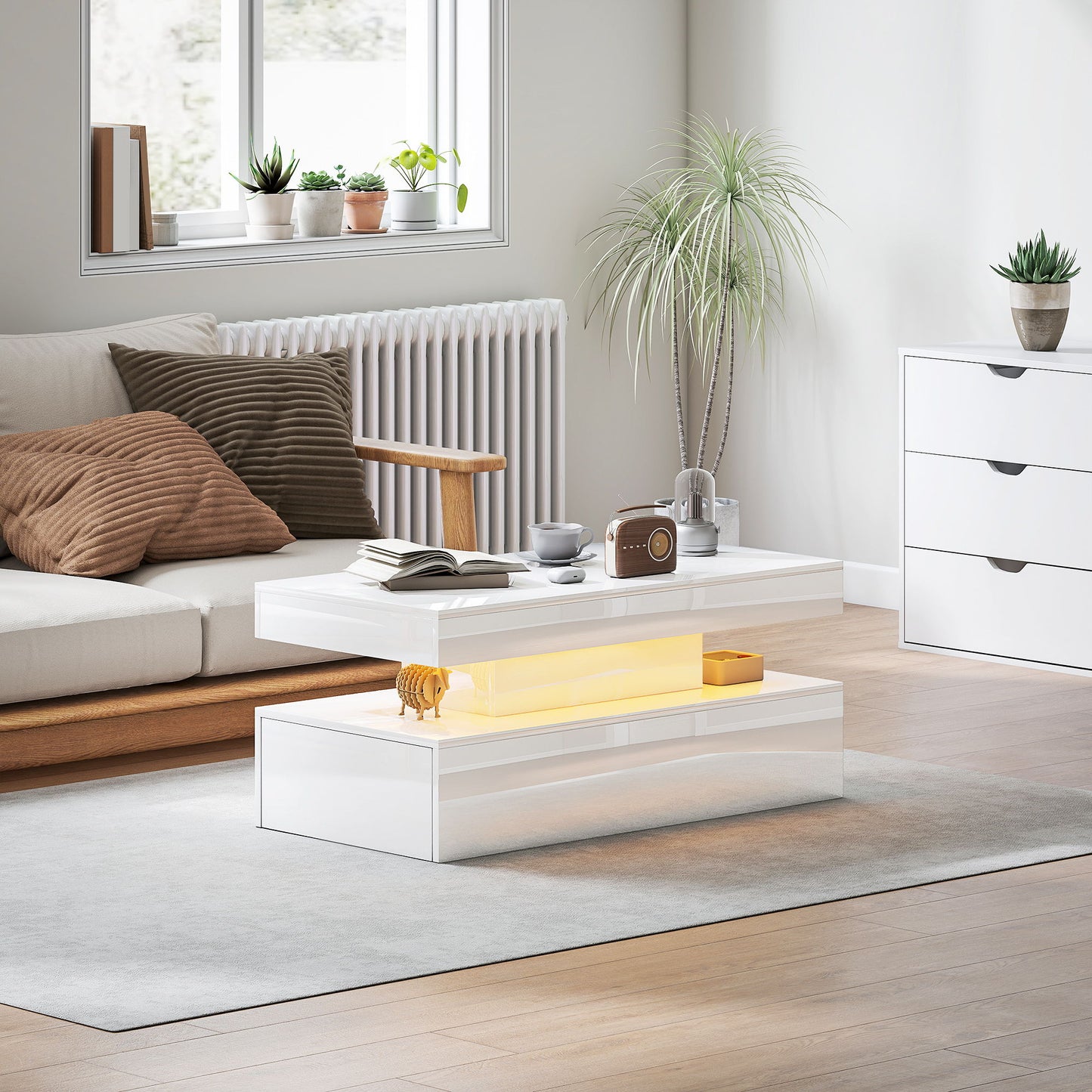 LED Coffee Table, Living Room Table with 2 Drawers and Open Shelf, High Gloss White
