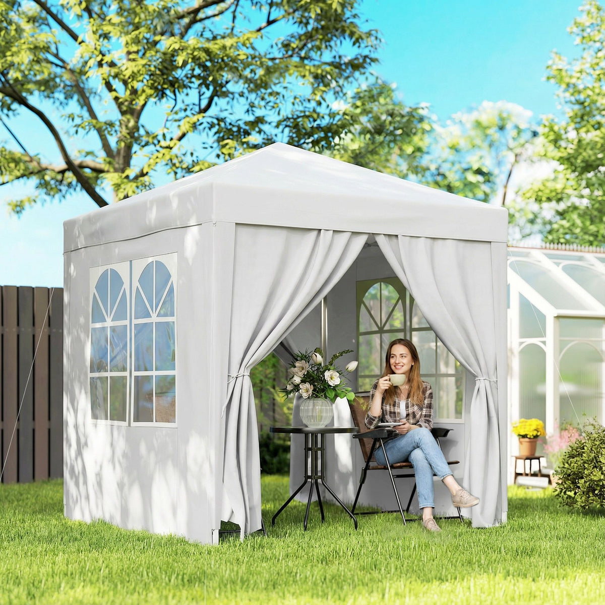 6.6'x6.6' Pop Up Canopy Tent with Sidewalls, Instant Sun Shelter Camping Gazebo with Carry Bag, White