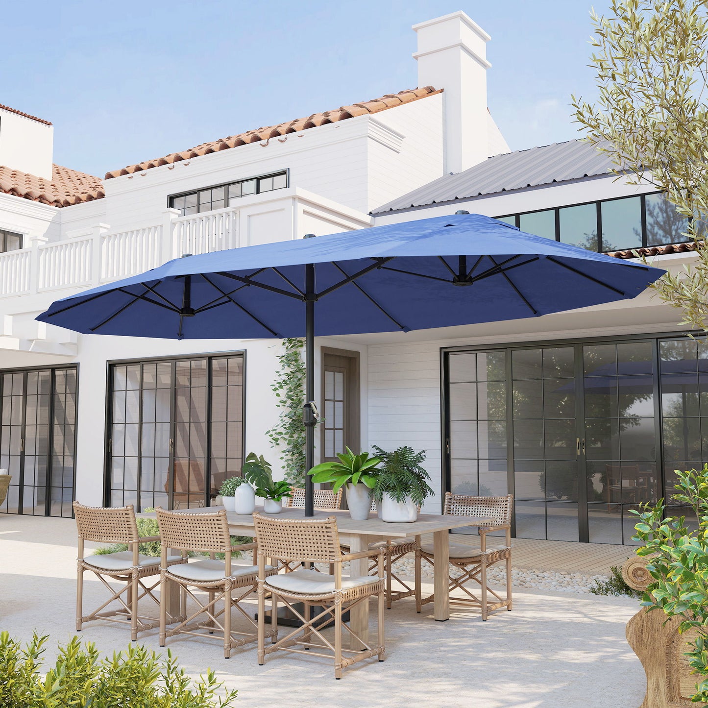 15ft Double-sided Patio Umbrella with Twin Canopy, Extra Large Outdoor Parasol with Crank for Pool, Deck, Market, Blue