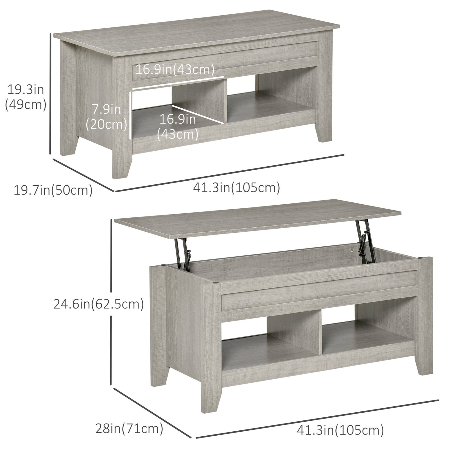 Lift Top Coffee Table with Hidden Storage - Light Grey