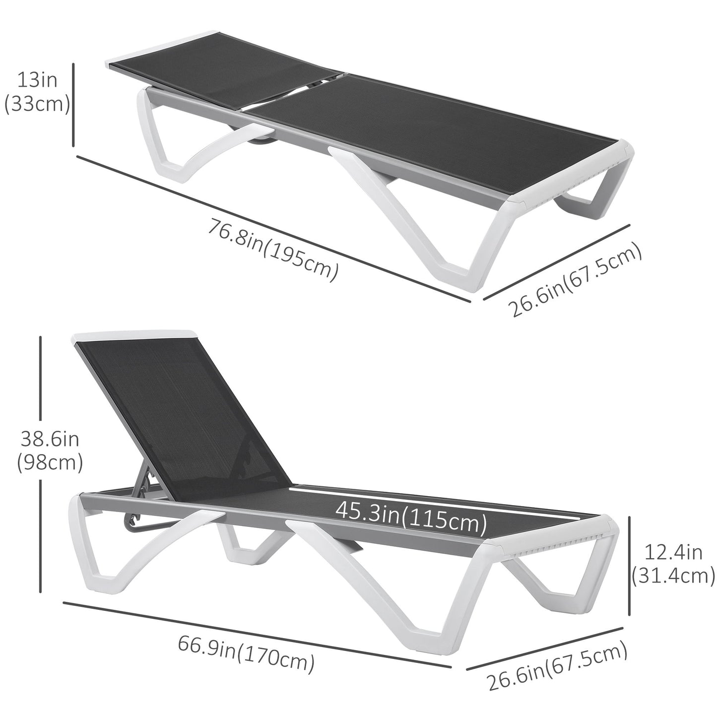 Outdoor Chaise Lounge Chair, Patio Aluminum Tanning Chair with 5-Level Adjustable Back, Portable Wheels, Breathable Mesh Fabric, for Pool, Deck, Garden, Black