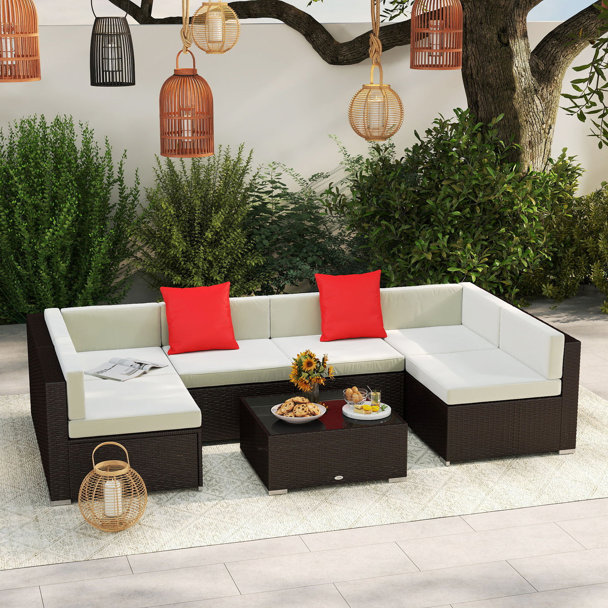 7 Pieces Patio Sofa Outdoor Wicker Sectional Patio Furniture, Dark Brown & Beige