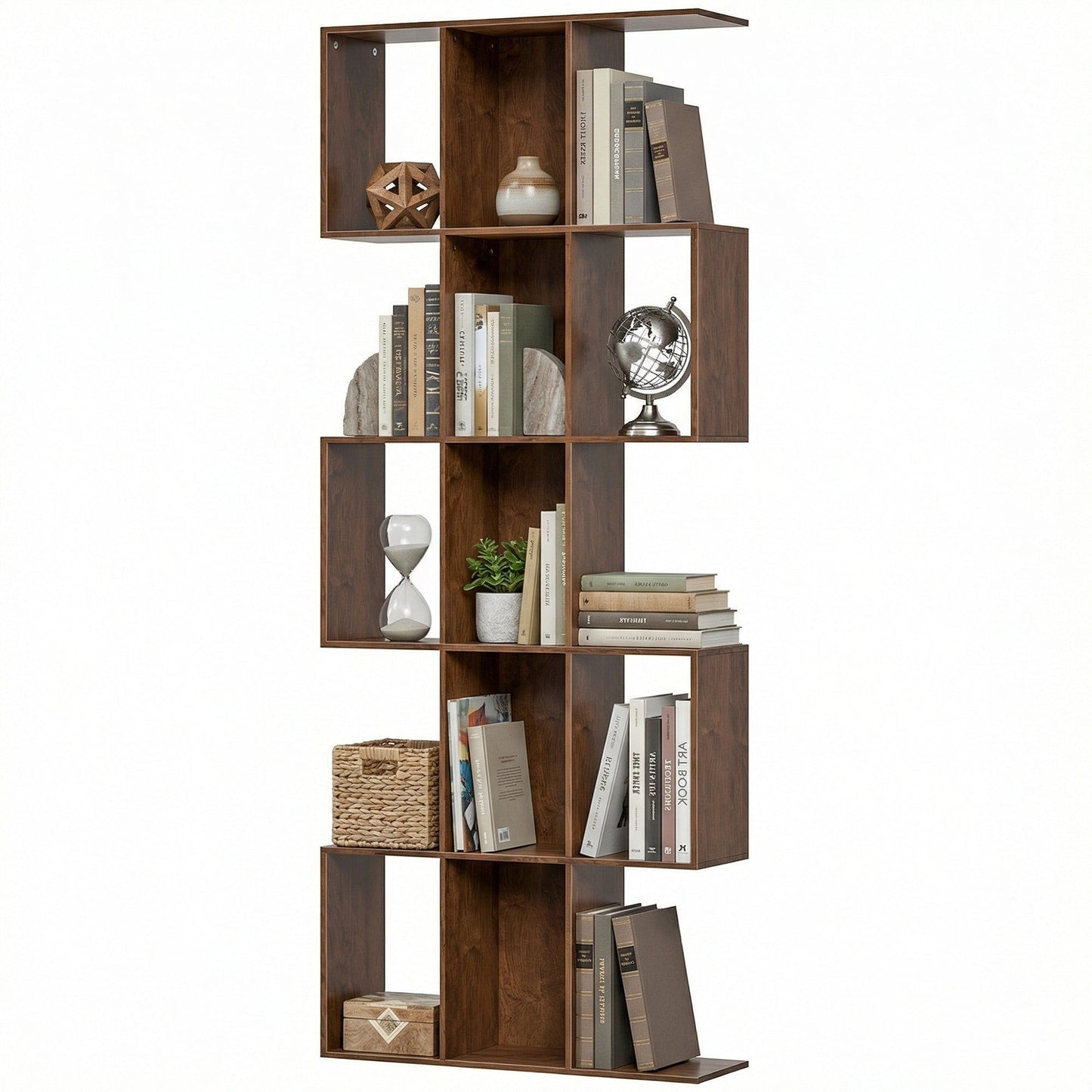5-Tier S-Shaped Geometric Bookcase - Brown Wood Grain