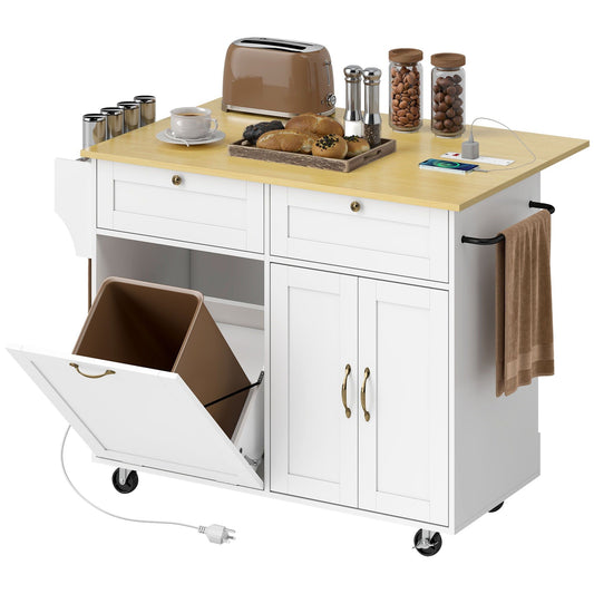 Kitchen Island Cart with Charging Station and Drop Leaf - White