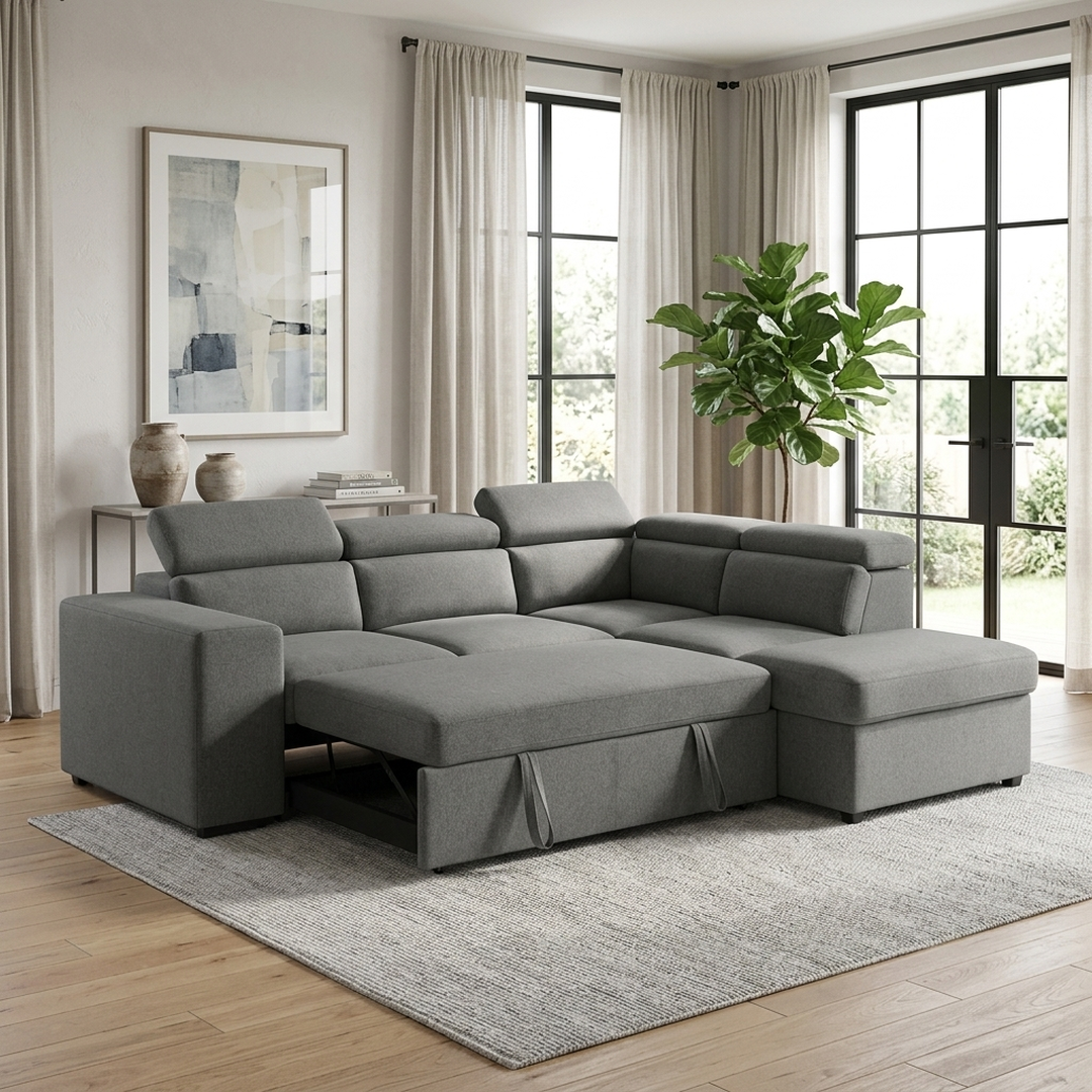 Bel Air Sleeper Sectional with Storage Chaise — right chaise, bright living room