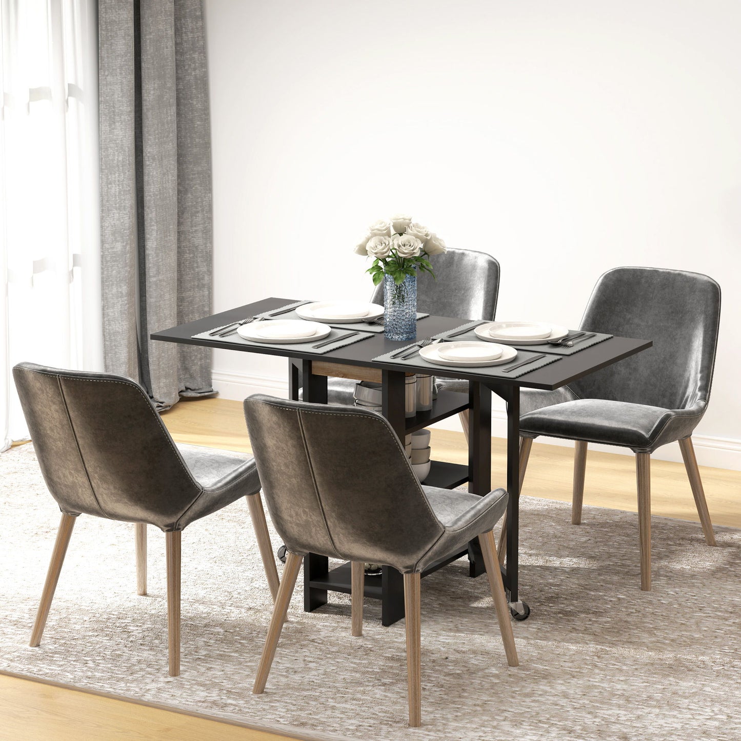 Folding Dining Table with Storage, Drop Leaf Kitchen Table for Small Spaces, Black