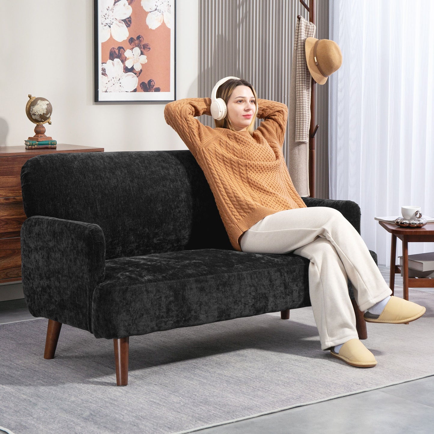 Velvet Feel Fabric 2 Seater Sofa, Small Sofa Loveseat with 8.3" Thick Padding and Wood Legs, Black
