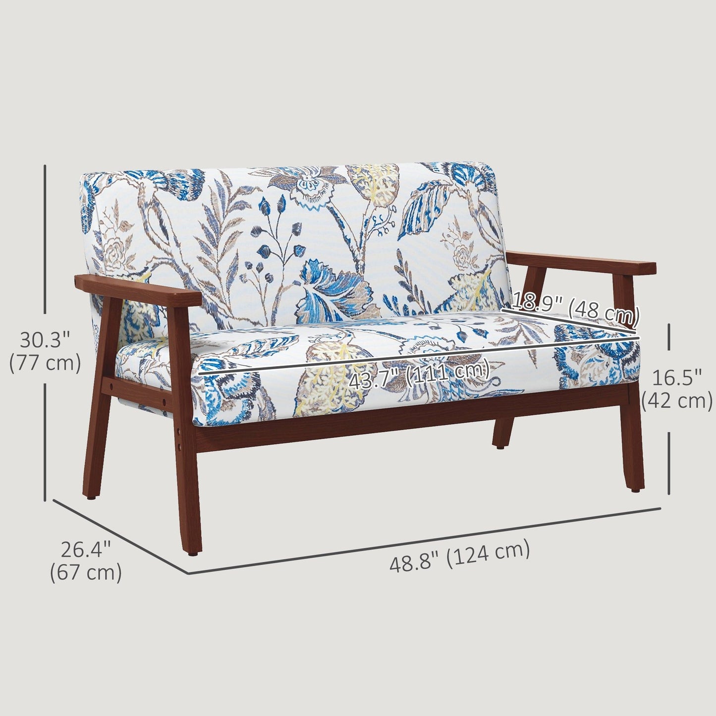 Compact Linen Loveseat with Wood Legs - Multicolour