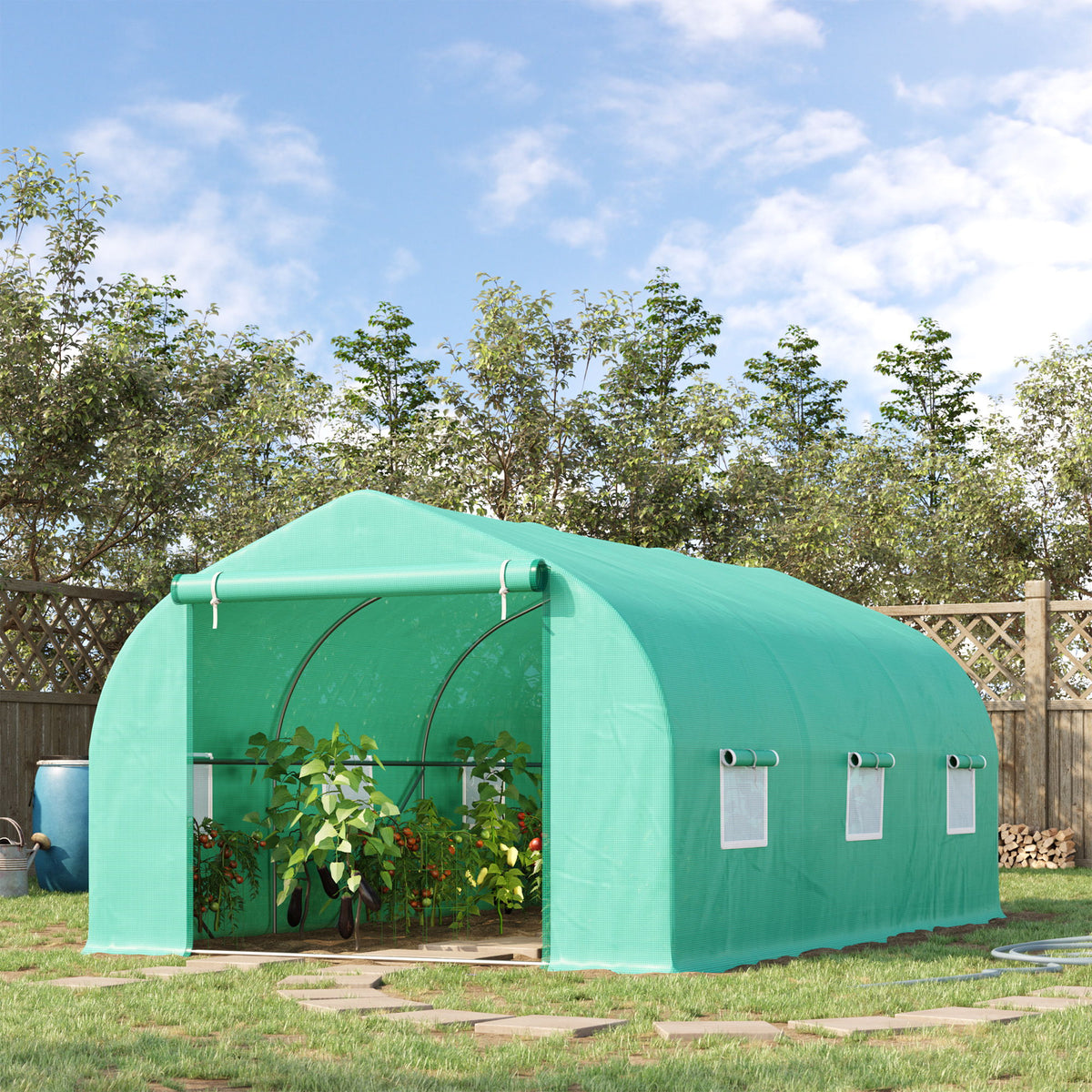 15' x 10' x 7' Walk-in Greenhouse Outdoor Plant Tunnel Warm Hot House w/ Roll Up Door and 6 Mesh Windows, Steel Frame, Green