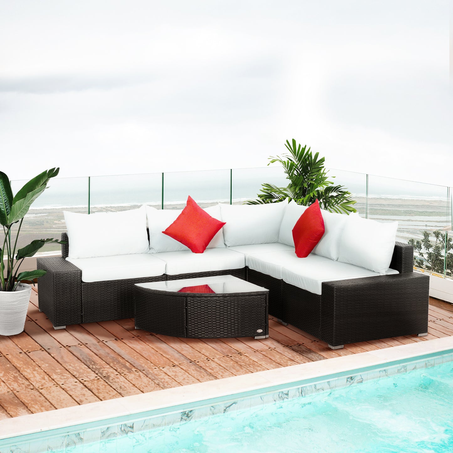 6 Piece Outdoor Wicker Furniture Set, Patio Cushioned Rattan Sofa Chair and Table, Cream White