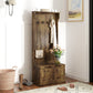 4-In-1 Hall Tree with Coat Rack, Top Shelf, Shoe Storage and Bench Seat, Entryway Bench with 4 Hooks, Rustic Brown