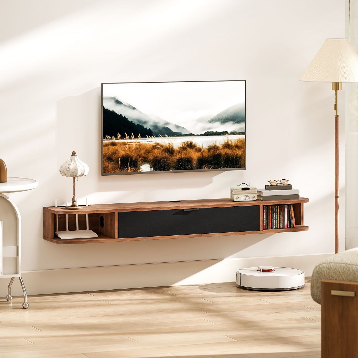 55" Floating TV Stand for TVs up to 60 Inch, Wall Mounted Media Console with Flip Drawer and 2 Open Shelves, Walnut