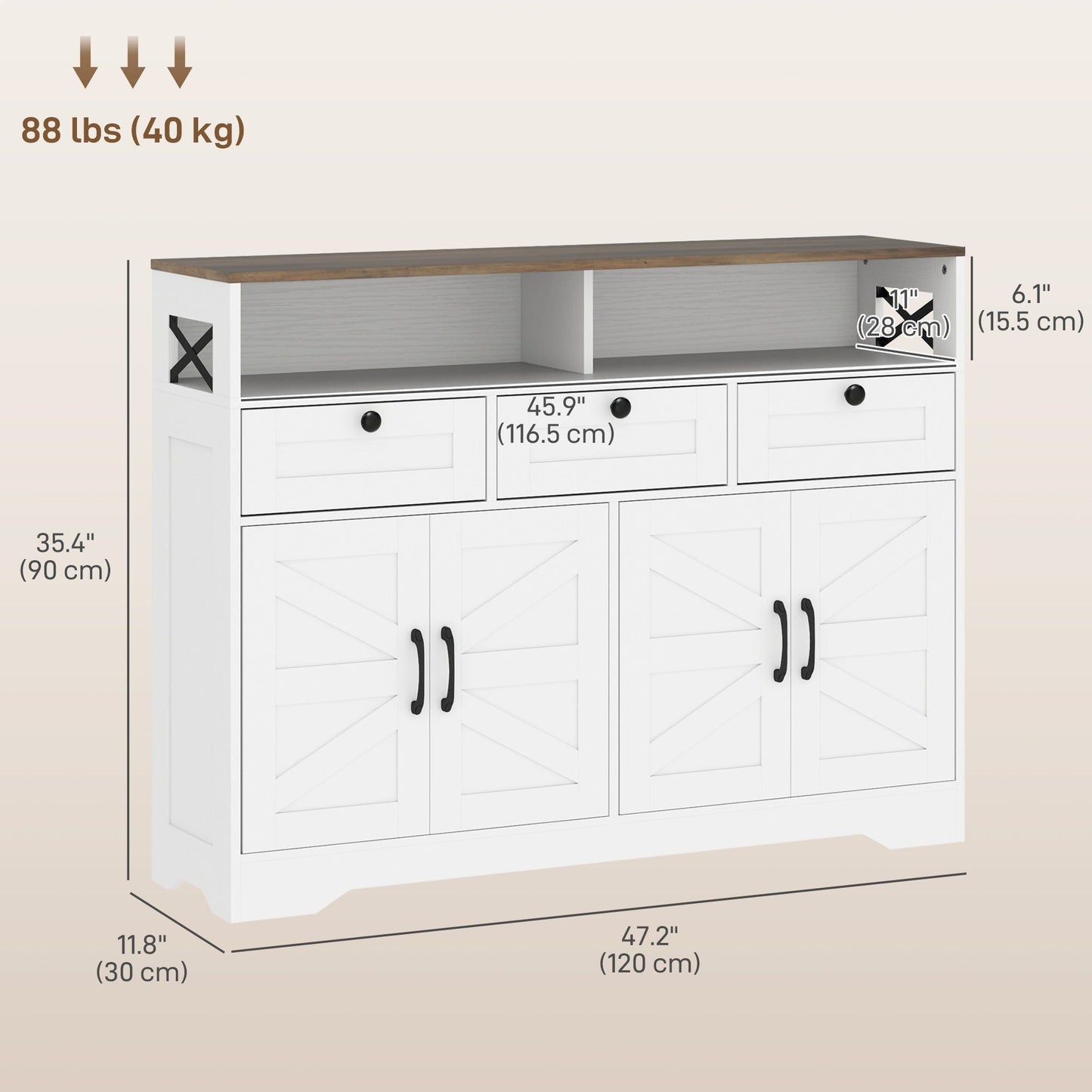 Buffet Sideboard with 4 Barn Doors and 3 Drawers - White