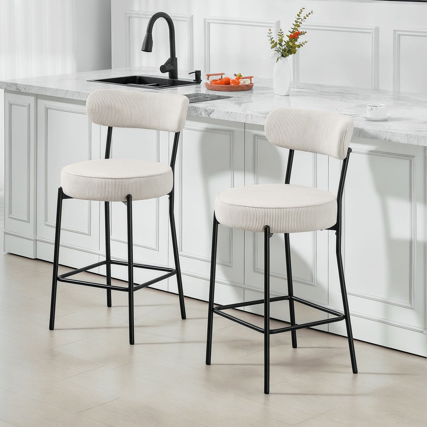 Set of 2 Corduroy Bar Stools with Backrest - Cream White