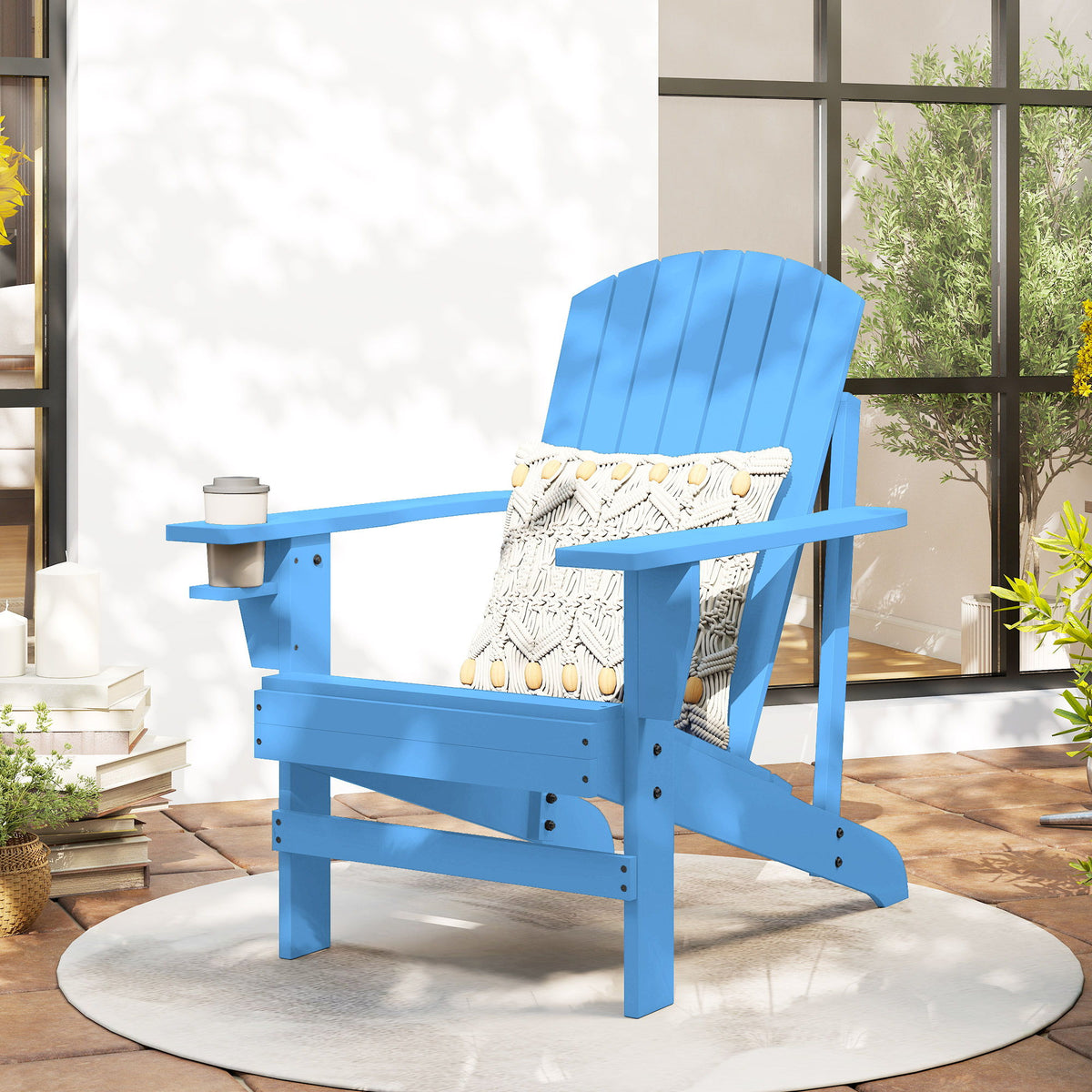 Classic Adirondack Chair, Muskoka Chairs, Garden Deck Chair with Cup Holder for Patio, Indoor, Backyard, Blue