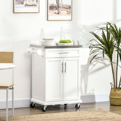 Rolling Kitchen Island with Stainless Steel Top - White