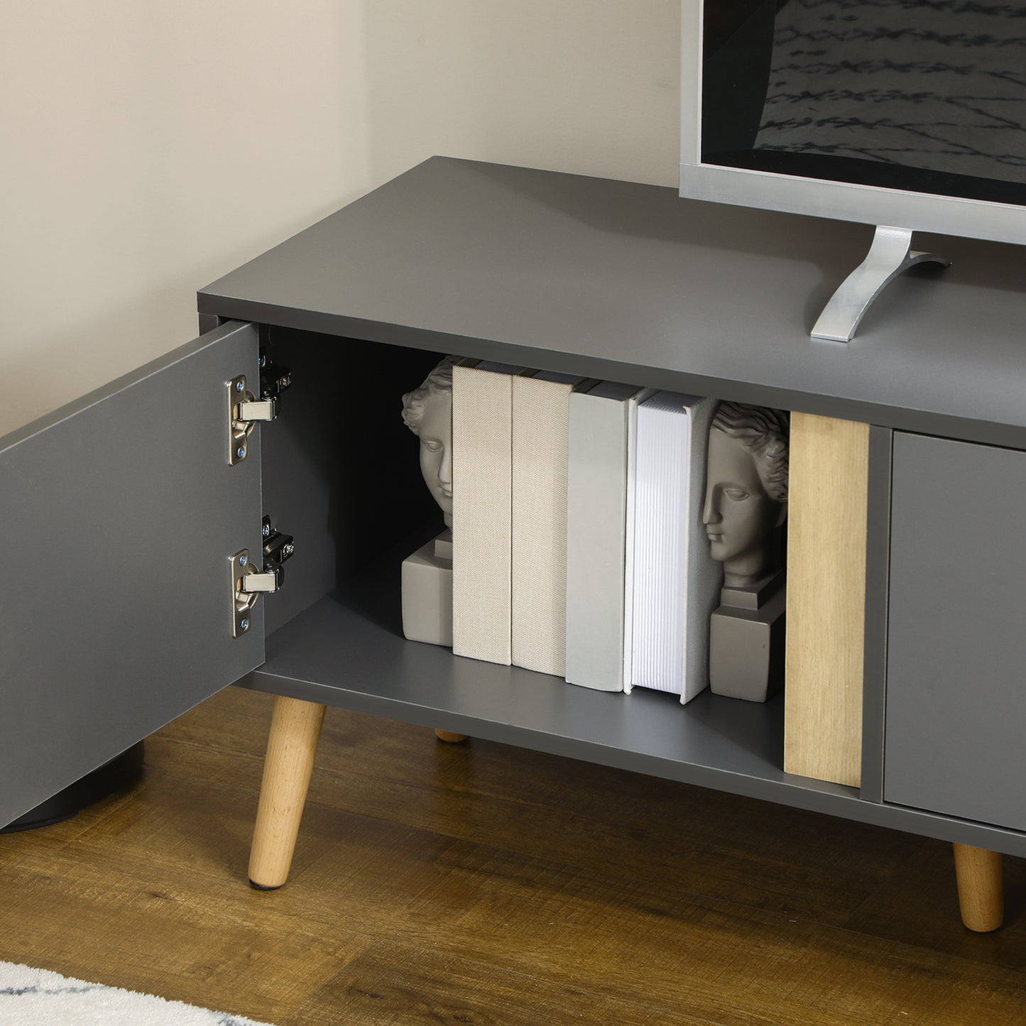 TV Stand for TVs up to 55", TV Cabinet with Shelves and Cable Holes, Entertainment Unit for Living Room, Dark Grey