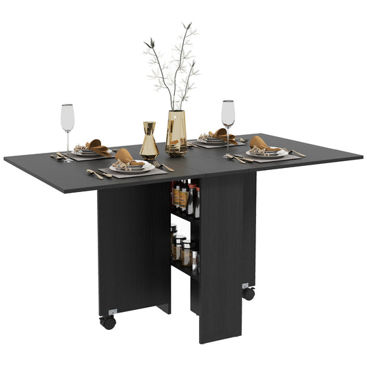 Foldable Drop-Leaf Dining Table with Storage Shelves - Black