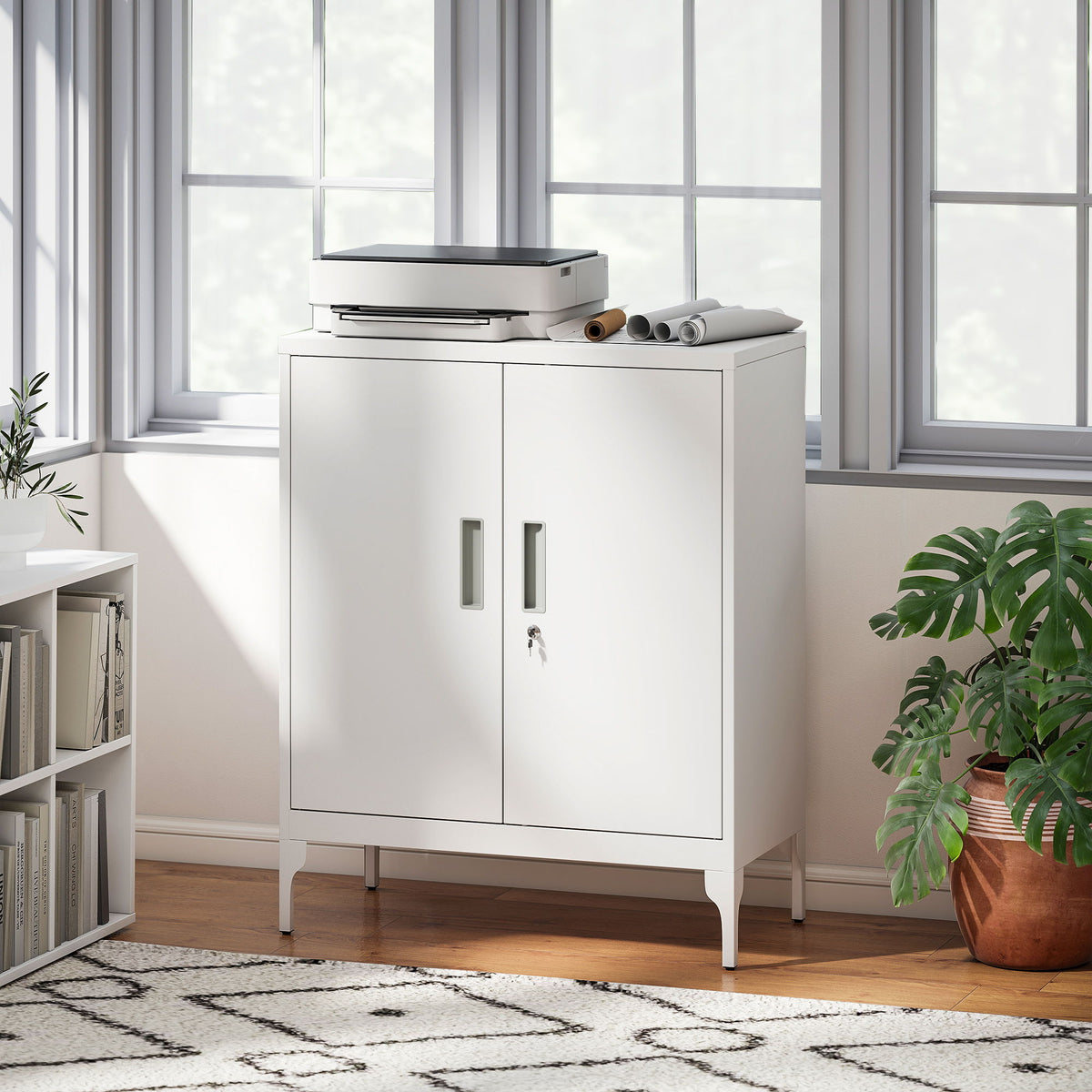 Office Storage Cabinet with Lock, Filing Cabinet with Adjustable Shelves and Doors for Home Office, Garage, White