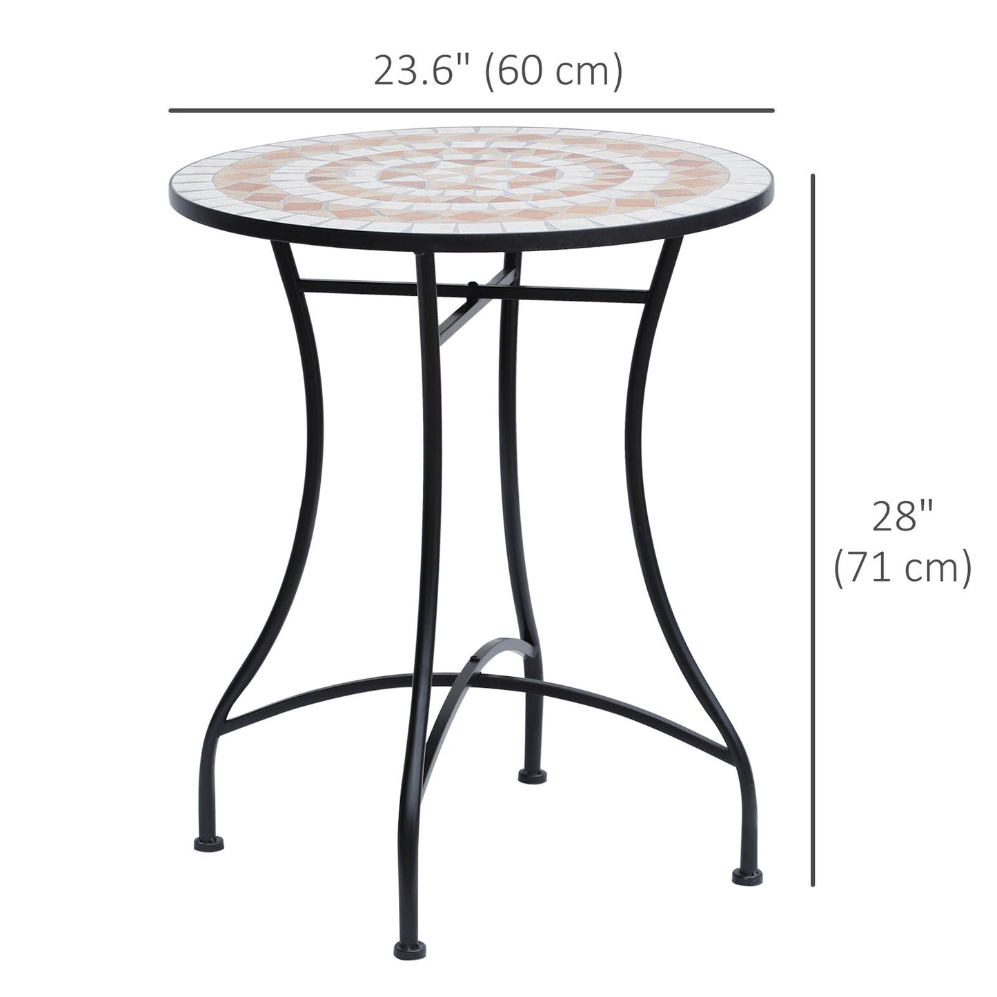 23.5" Mosaic Round Patio Table, Metal Side Bistro Coffee Table, Outdoor Furniture, Ceramic Tabletop for Garden Lawn