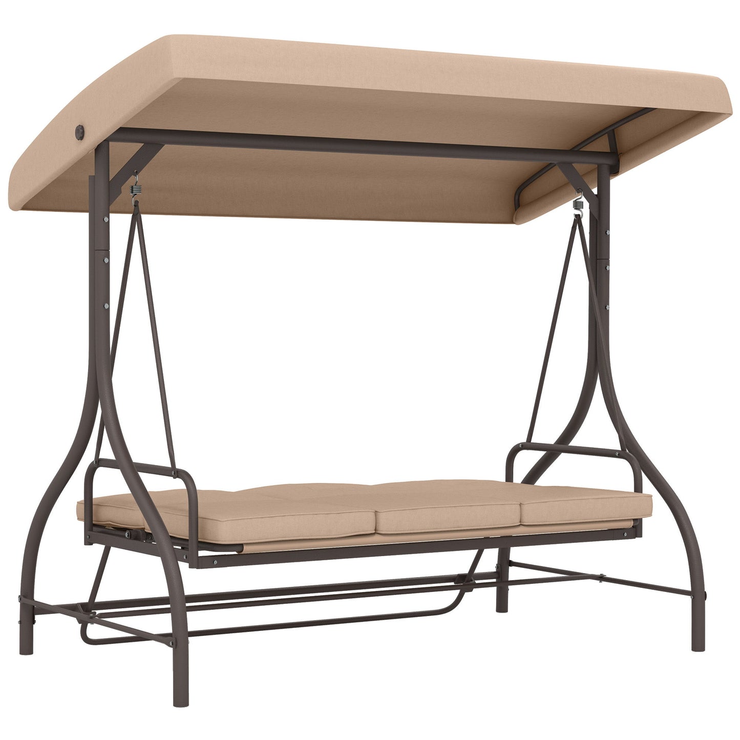 Convertible Patio Swing Bed with Canopy and Cushions, 3 Seater Porch Swing for Outdoor, Backyard, Garden, Khaki