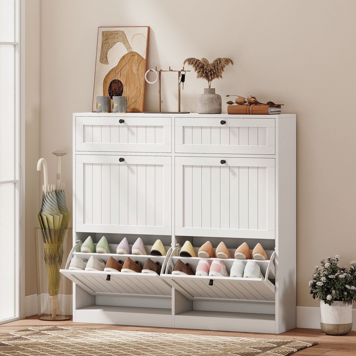 Shoe Cabinet with 2 Large Flip Drawers, Farmhouse Narrow Shoe Storage Cabinet with 2 Top Compartments, White