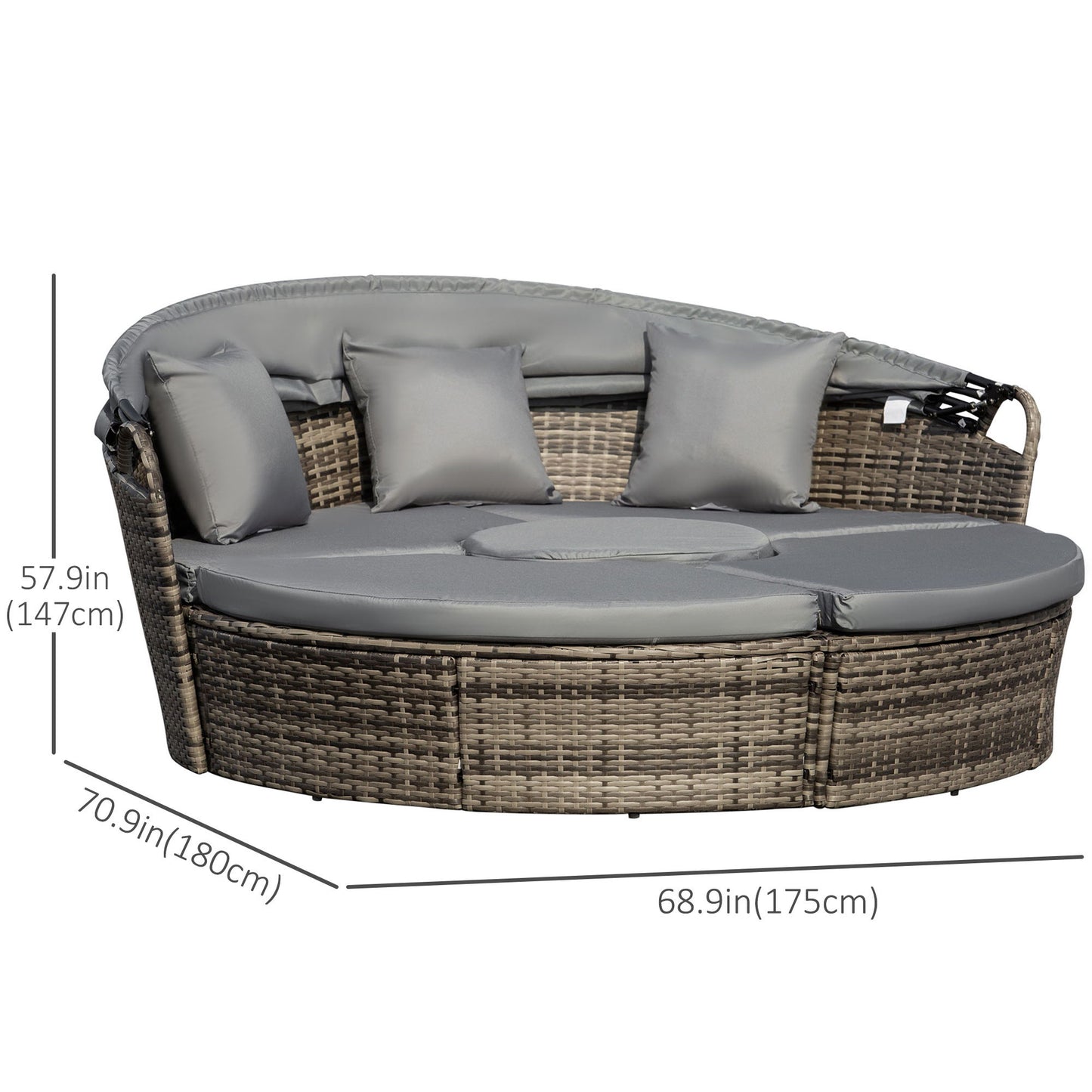 4 Pieces Outdoor Daybed with Retractable Canopy, PE Rattan Wicker Round Sofa Day Bed, Patio Sectional Conversation Furniture Set with Cushions and Pillows, Grey