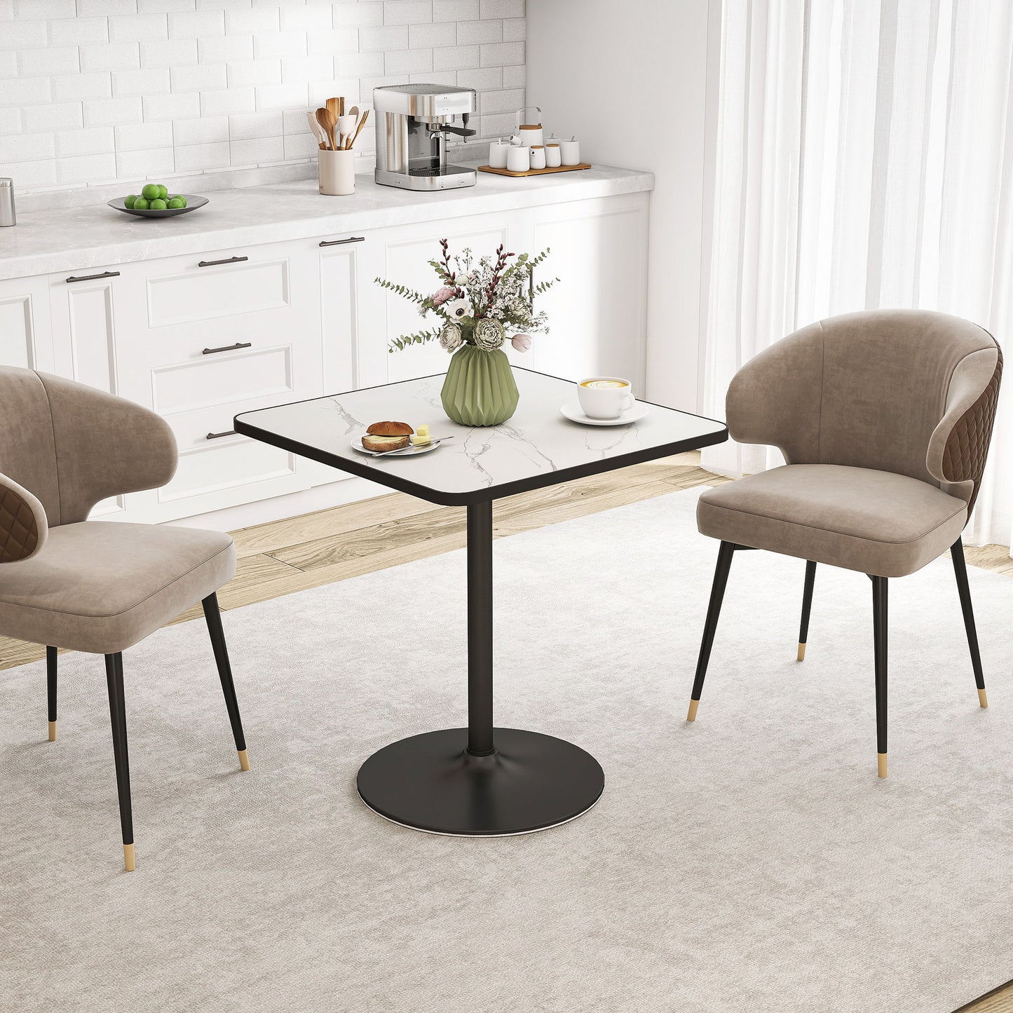 Dining Table for 4, Modern Kitchen Table with Marble Effect Tabletop and Round Base, White