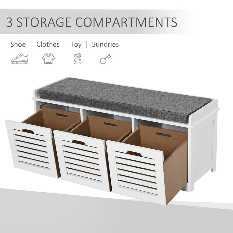 3-Drawer Shoe Storage Bench with Cushion - White