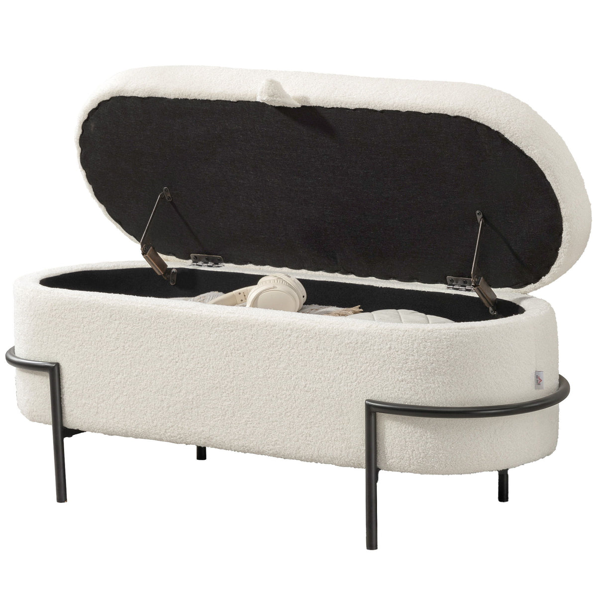 Storage Ottoman with Lift-Up Lid and Steel Legs, 45 Inches Sherpa Fleece Storage Chest for Living Room, Cream White