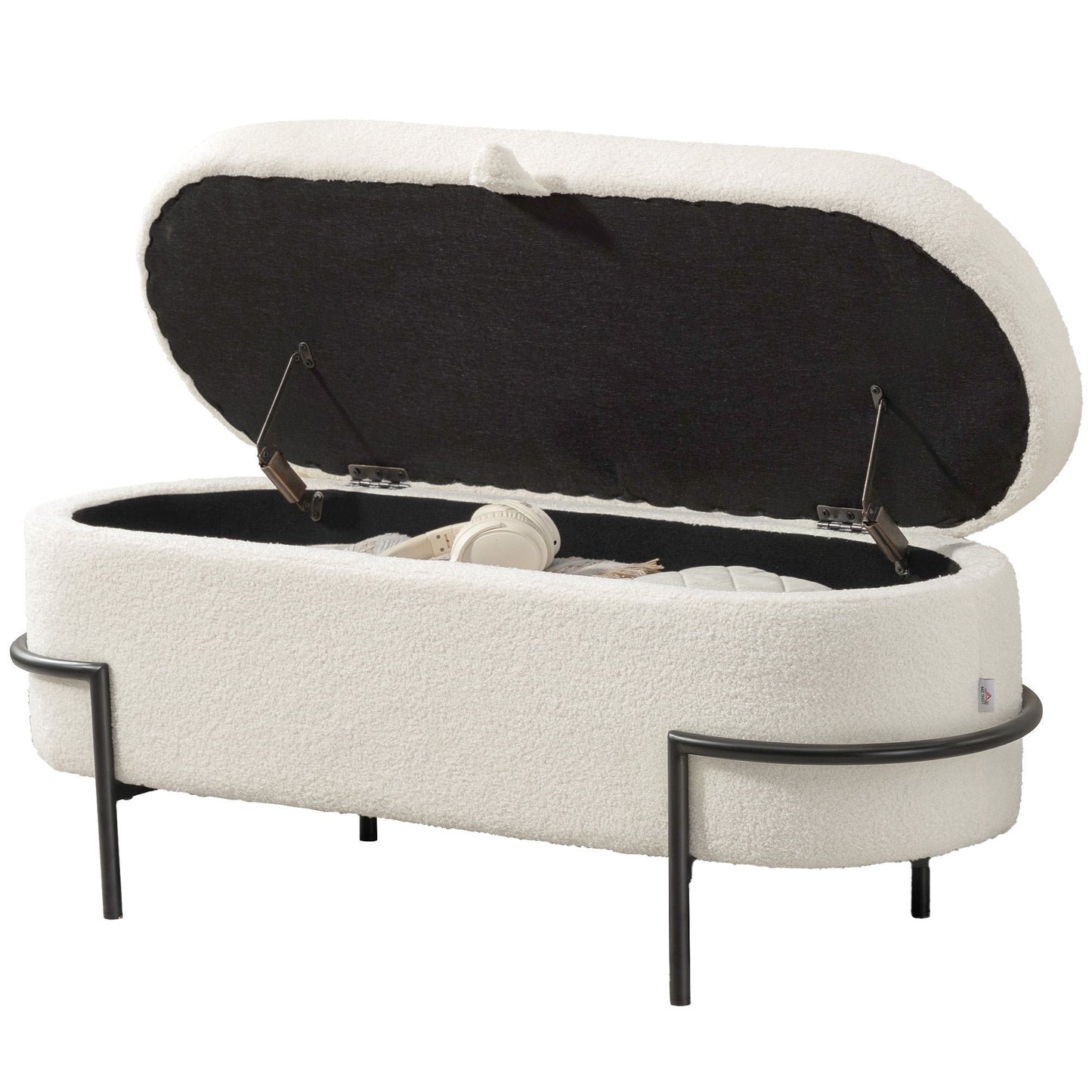 Storage Ottoman with Lift-Up Lid and Steel Legs, 45 Inches Sherpa Fleece Storage Chest for Living Room, Cream White