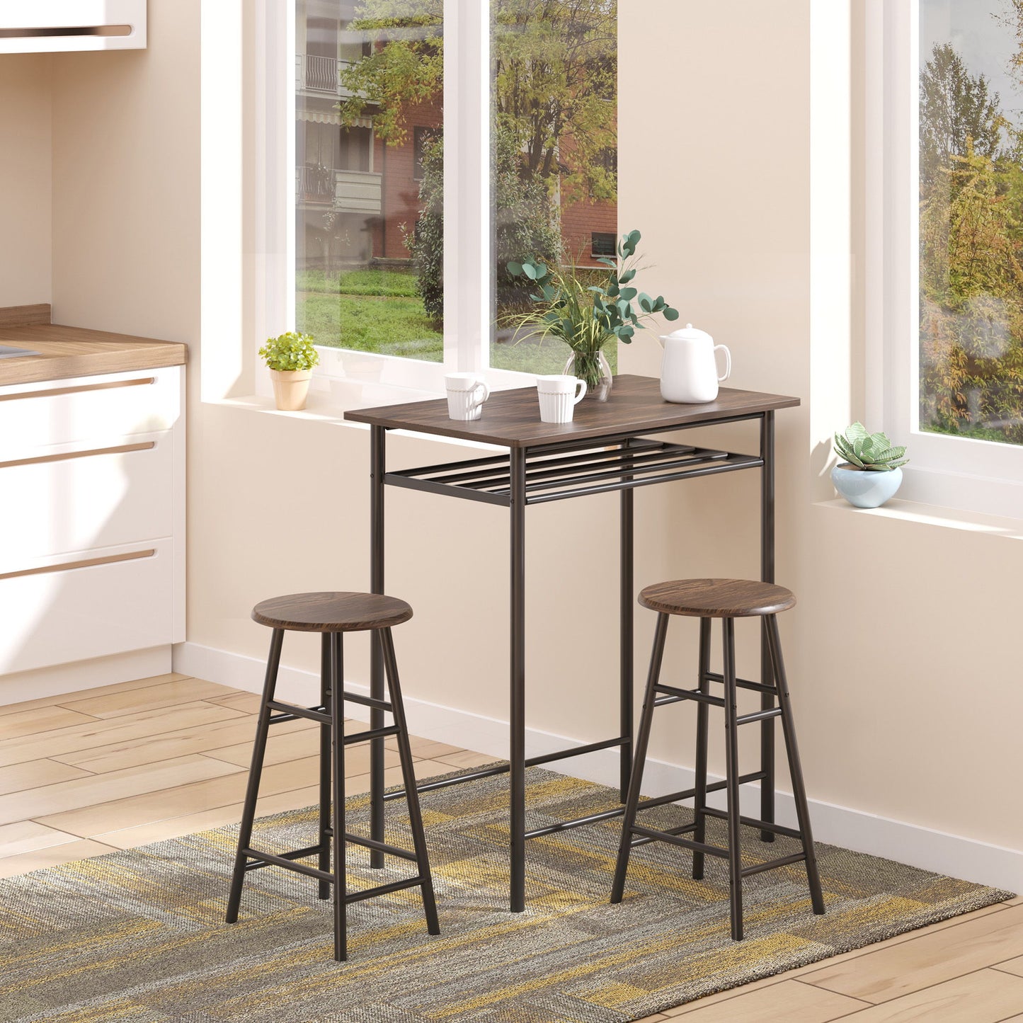 3 Piece Counter Height Bar Table Set with 1 Table, 2 Matching Stools, Dining Table Set with Storage Shelf and Metal Frame Footrest, Black and Oak