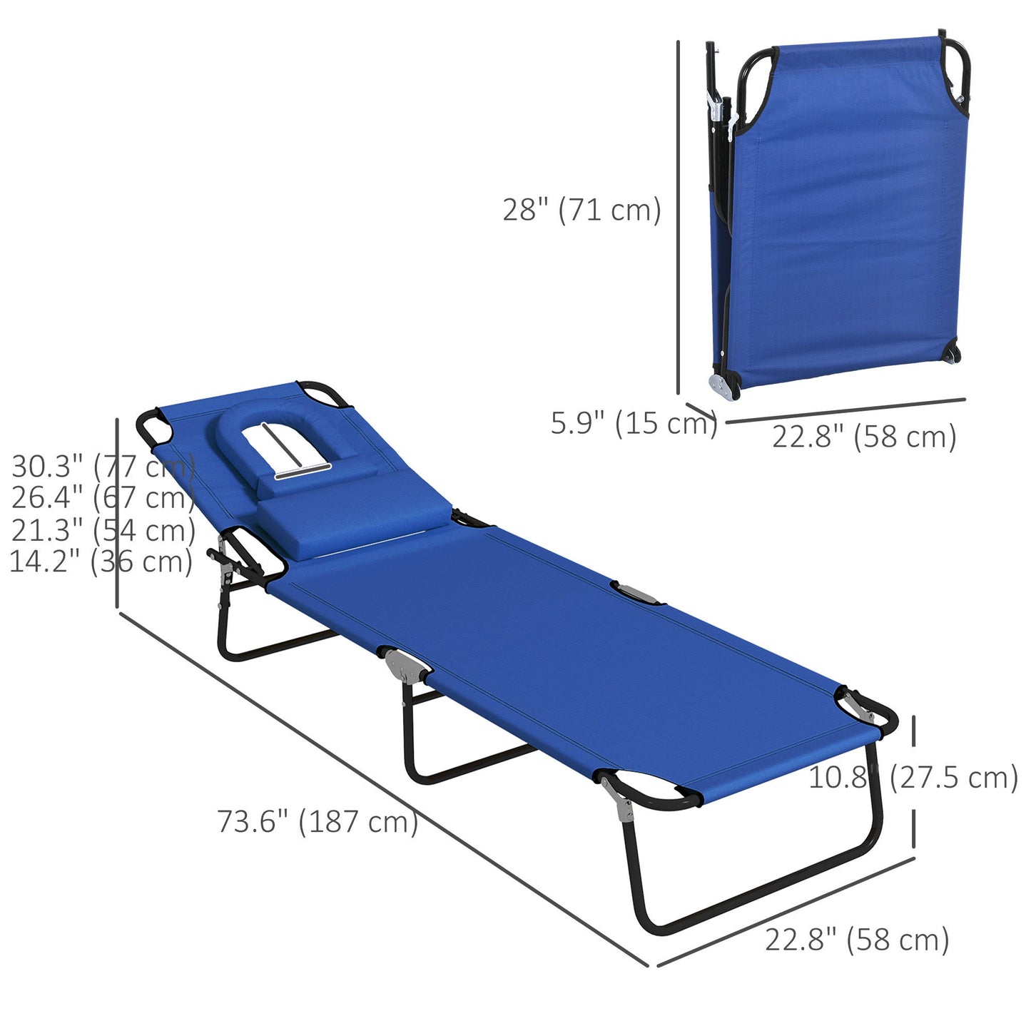Folding Lounge Chair Set of 2, Reclining Beach Tanning Chair with Face Hole, Pillow, 4-Position Adjustable Flat Sun Lounger, Steel Frame for Outdoor Patio Pool, Blue